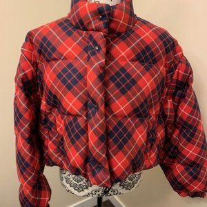 Prada Women Cropped Plaid Puffer Jacket - Red